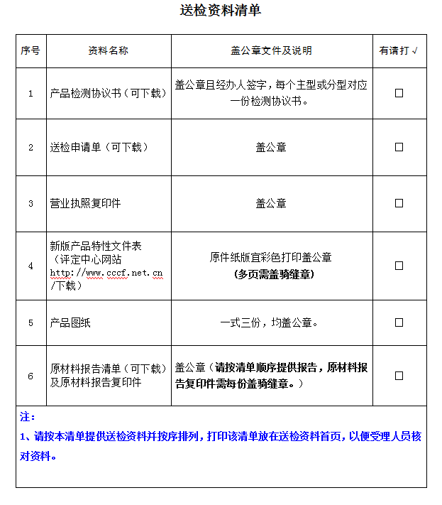 室內消火栓產品認證型式試驗業務受理送檢資料清單（廣東所）