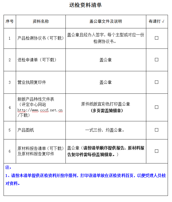 消防斧產品認證型式試驗業務受理送檢資料清單（廣東所）
